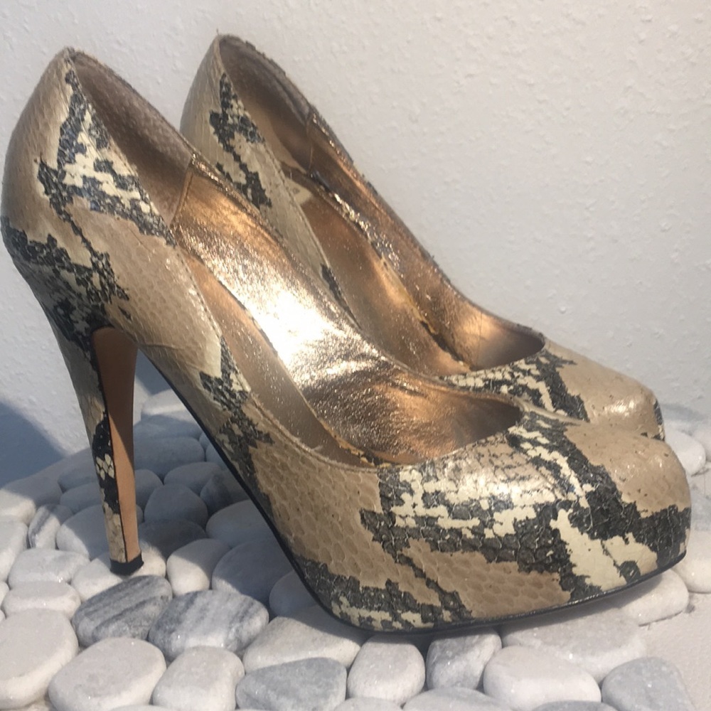 Dolce Vita Tan & Black Snakeskin Heels
